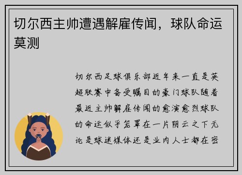切尔西主帅遭遇解雇传闻，球队命运莫测
