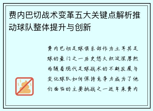 费内巴切战术变革五大关键点解析推动球队整体提升与创新