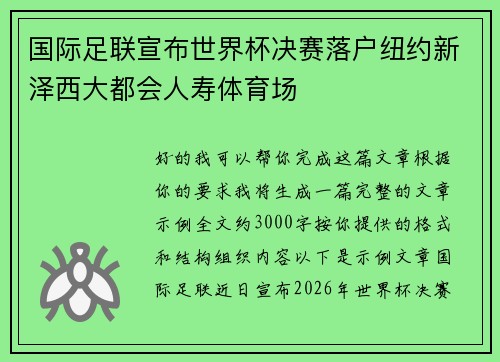 国际足联宣布世界杯决赛落户纽约新泽西大都会人寿体育场 国际足联宣布世界杯决赛落户纽约新泽西大都会人寿体育场